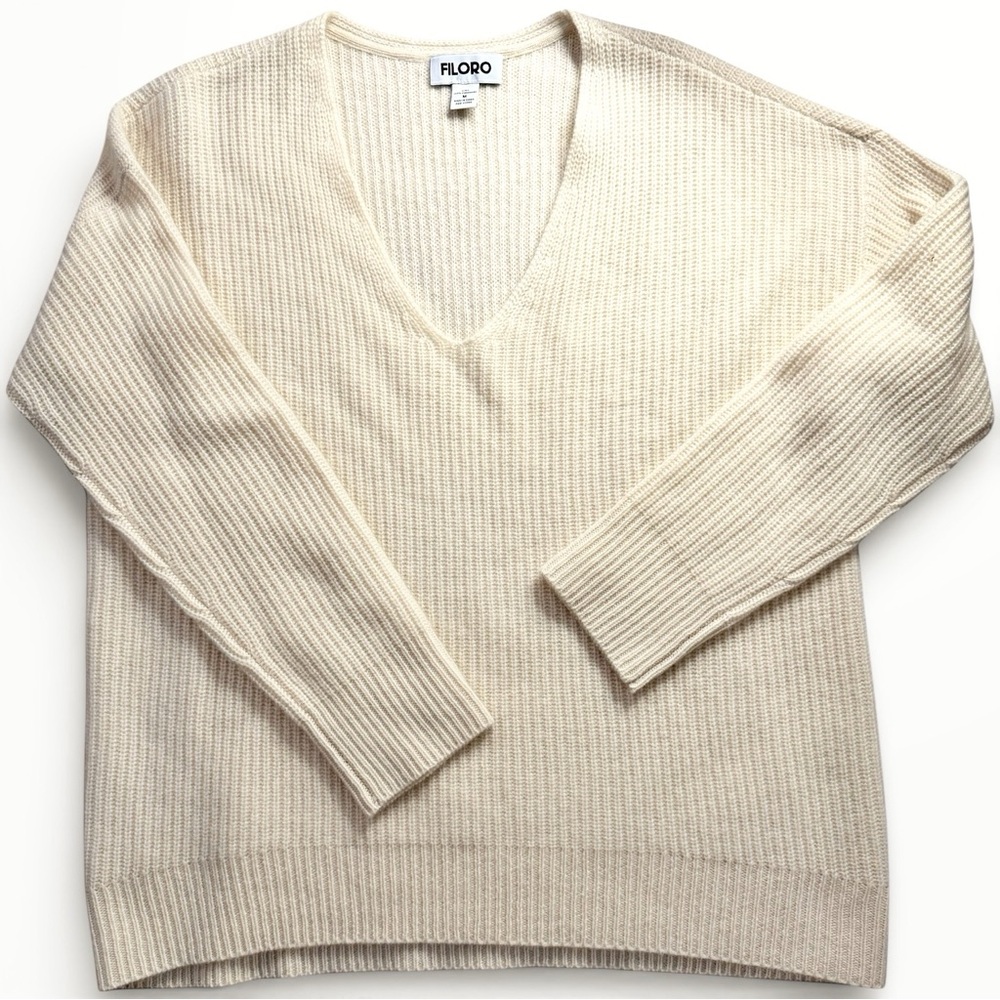 Luxury 2 Ply Cashmere Ribbed V-Neck Sweater Size Large Cream Relaxed Fit